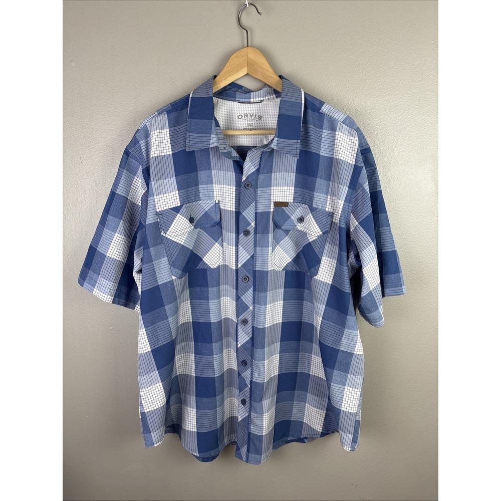 Orvis Camp Shirt Men's Size 2XL Blue Plaid Button Up Pockets Fishing Outdoor